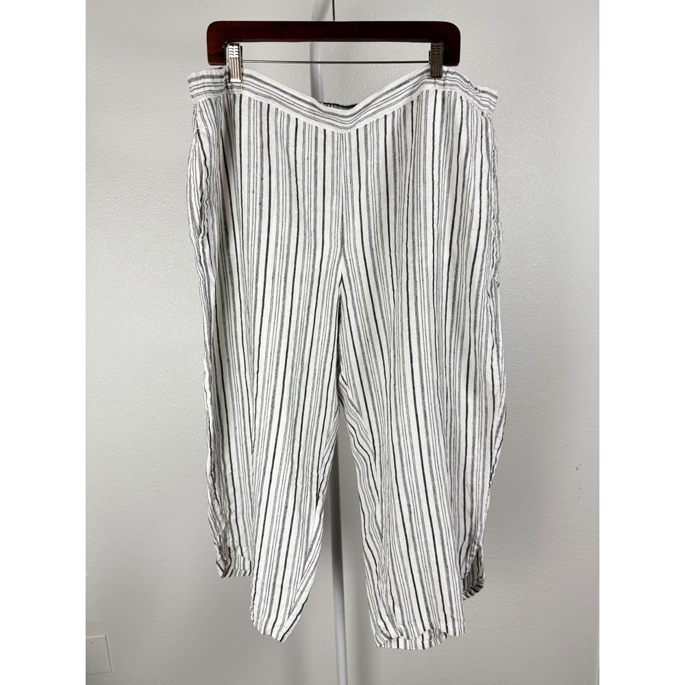 Coldwater Creek Womens 1X White Black Striped 100% Linen Crop Pull On Pants